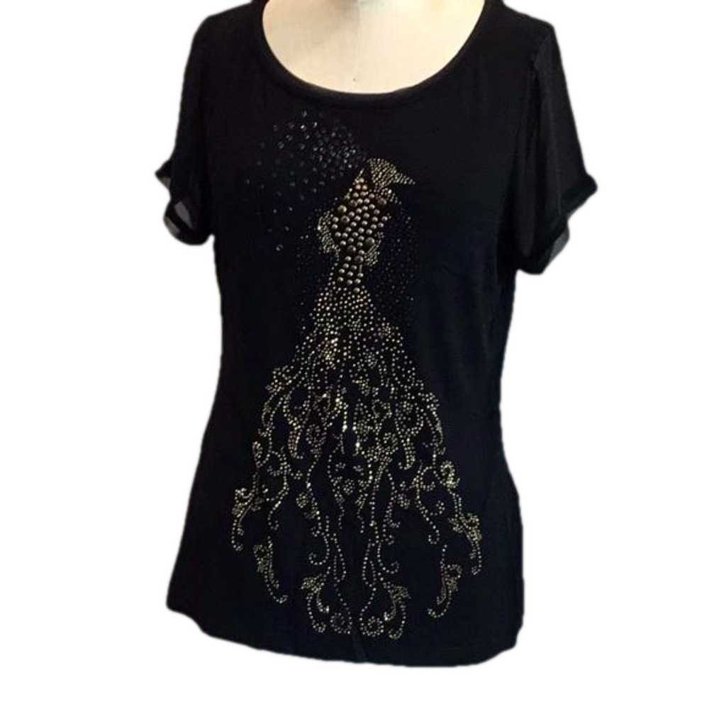 OLSEN Europe Black Crystal Peacock Embellished Blouse Sheer Sleeve M - Picture 2 of 16